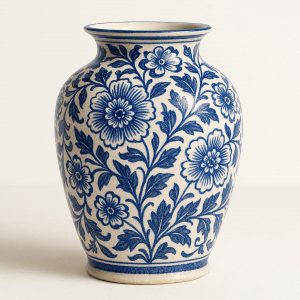 Blue and White Ceramic Vase with Traditional Floral Pattern