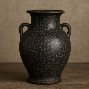 Black Ceramic Vase with Crackle Glaze Finish Vintage Style